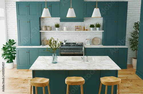 Residential interior of modern kitchen in luxury mansion, 3d rendering photo