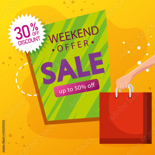 commercial label sale weekend offer lettering with thirty and fifty percentage discount vector illustration design