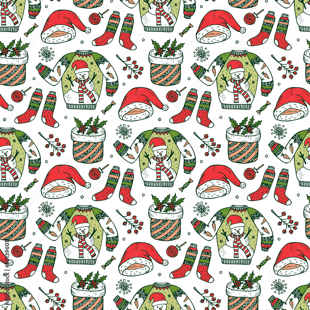 Ugly Christmas Sweater Party. Vector Xmas Seamless pattern. Hand Drawn Doodle Christmas festive knitted clothes, gift boxes, sweets. Holiday background