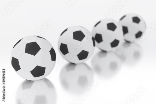 four soccer balls close-up with strong bokeh  3d illustration