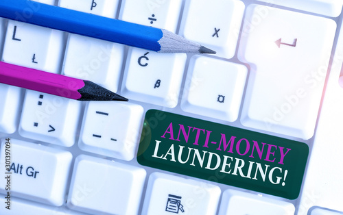 Text sign showing Anti Money Laundering. Business photo showcasing regulations stop generating income through illegal actions White pc keyboard with empty note paper above white background key copy photo