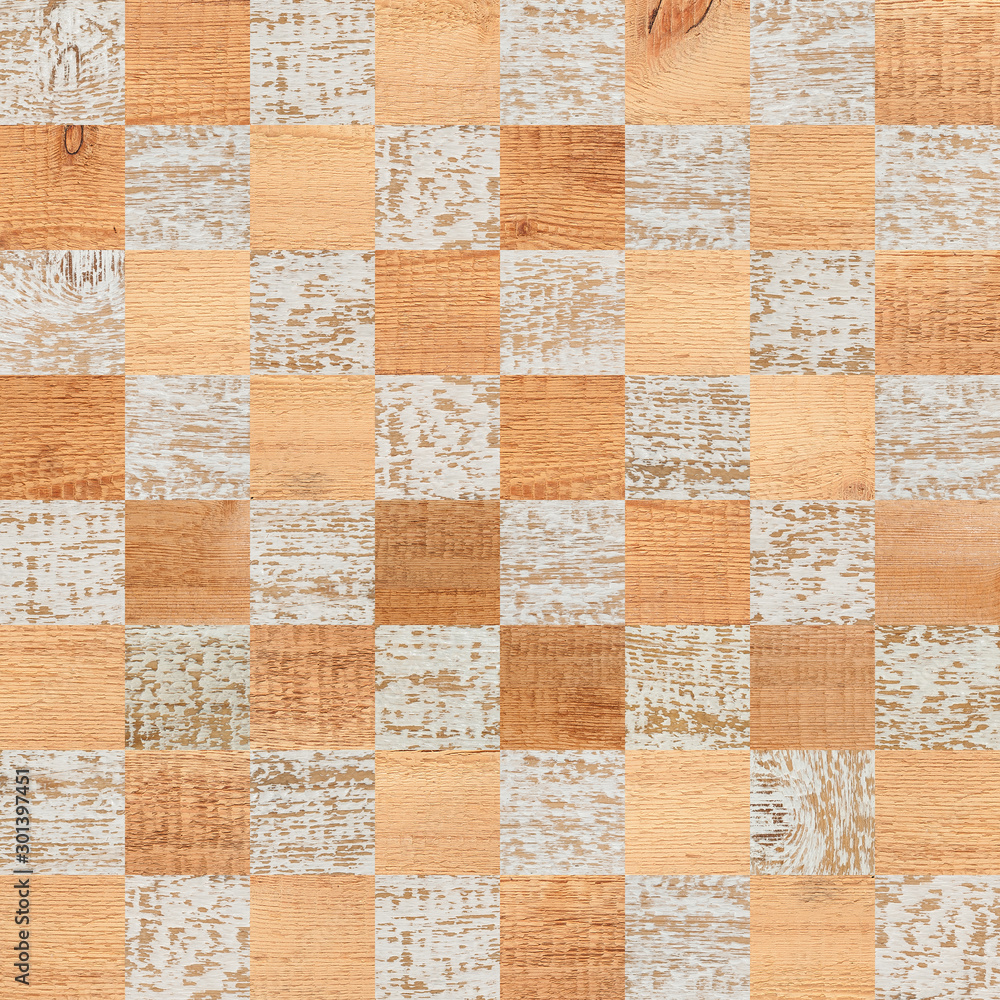 Wooden chessboard texture. Light parquet with square pattern.