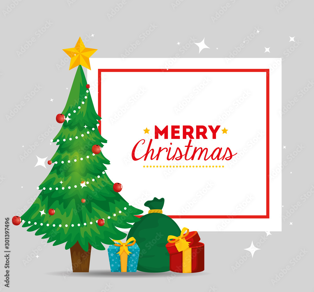 merry christmas card with pine tree and gift boxes vector illustration design merry christmas card with pine tree and gift boxes vector illustration design