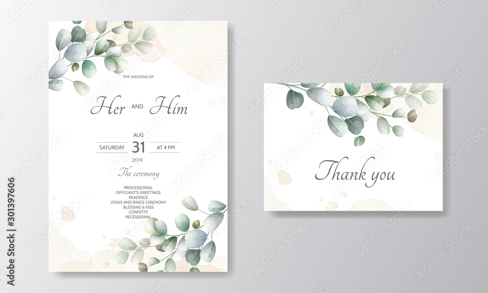 Fototapeta karta zaproszenie na ślub z szablonem liści eukaliptusa