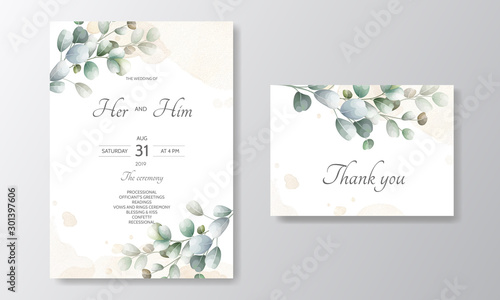 wedding invitation card with Eucalyptus leaves template