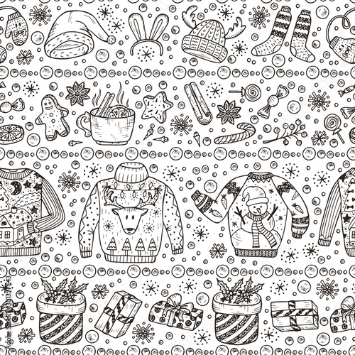Holiday background. Ugly Christmas Sweater Party. Vector Xmas Seamless pattern. Hand Drawn Doodle Christmas clothes, gifts boxes, sweets, gingerbread cookies, mulled wine, spice, snowball
