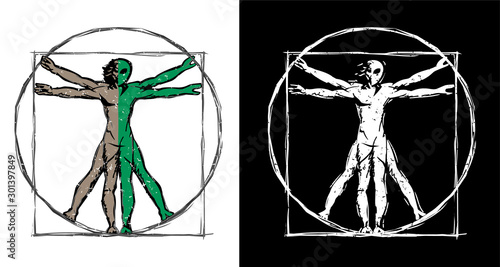 Vitruvian Man UFO Alien Hybrid Sketch Isolated Vector Illustration