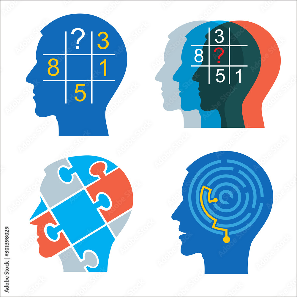 Men heads with sudoku, puzzle and maze. Four stylized male head silhouettes. Concept for psychological tests. Vector available. Men heads with sudoku, puzzle and maze. Four stylized male head silhouettes. Concept for psychological tests. Vector available.