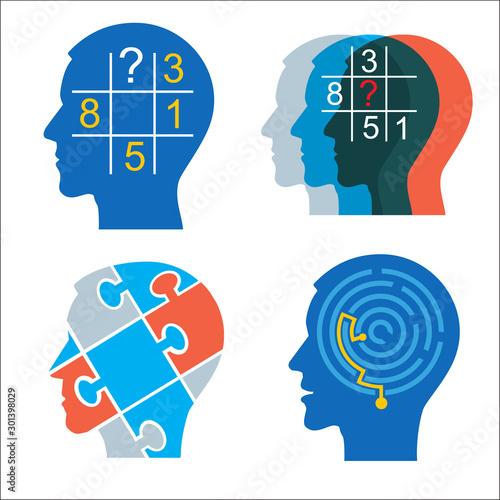   Men heads with sudoku, puzzle and maze. Four stylized male head silhouettes. Concept for psychological tests. Vector available.