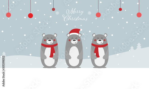 Merry Christmas - Geschenkkarte, Bären mit Mütze und Schal, Banner	