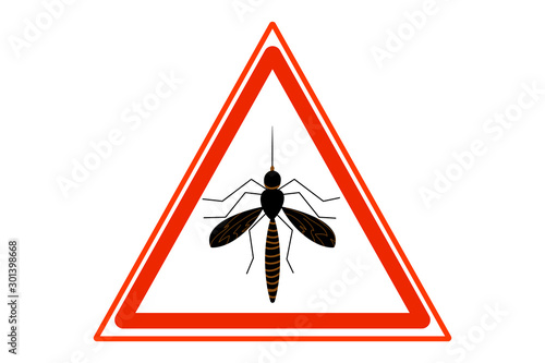 Mosquito in red warning sign on white background. Flat style vector illustration. Epidemic virus prevention concept. Insect control, for informational and institutional sanitation vector symbol. EPS10