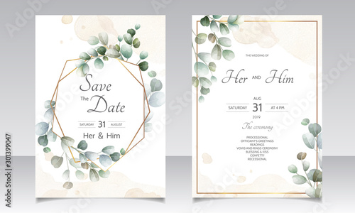 wedding invitation card with Eucalyptus leaves template