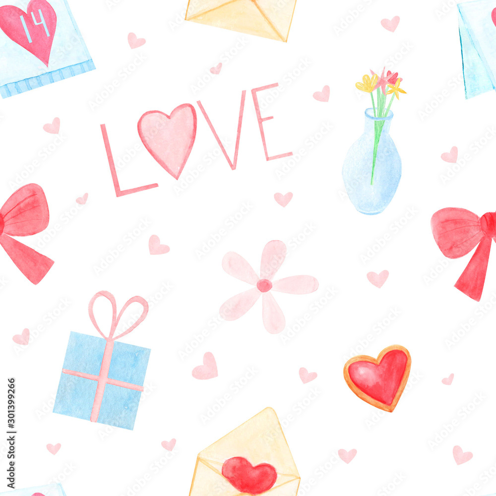 Hand drawn watercolor seamless pattern with Valentine's day symbols. Cute pink colours. Valentines day theme on white background. Perfect for covers, textile, fabric, school supplies. Hand drawn watercolor seamless pattern with Valentine's day symbols. Cute pink colours. Valentines day theme on white background. Perfect for covers, textile, fabric, school supplies.