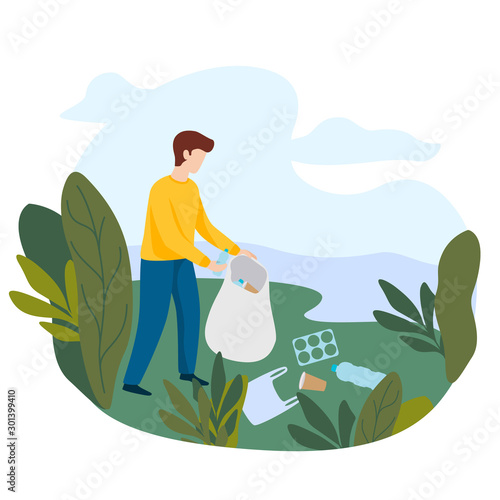 Nature cleanup concept. Volunteer picking up litter. Man clears the riverside