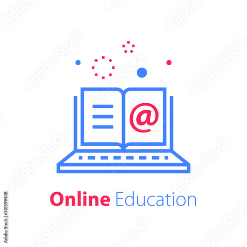 Online education, open book and laptop, internet resources, web library, distant learning