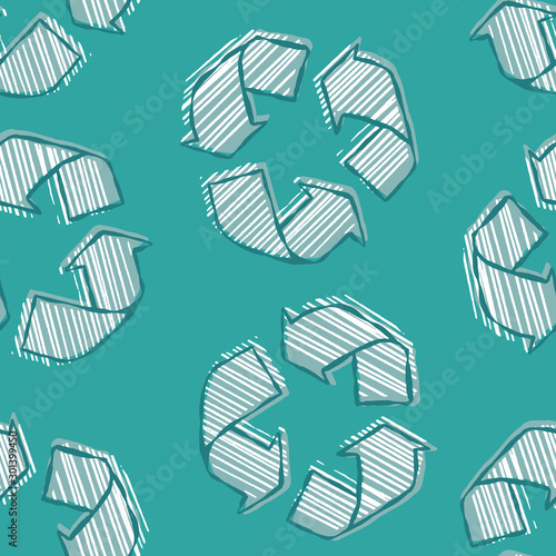 Vector recycle symbol seamless pattern. Environmental hand drawn design.