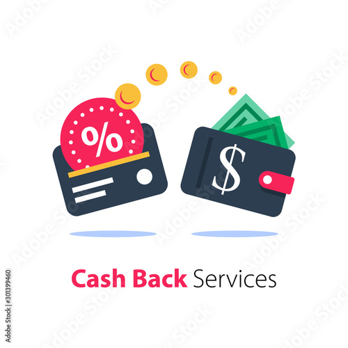 Cash back program, financial services, fast loan, credit card payment, wallet with money
