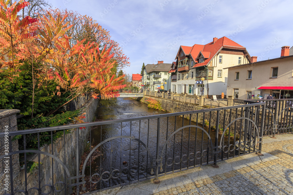 Polanica - Zdroj, polish spa in Silesia. Promenada along banks of Bystrzyca Dusznicka River in center of spa