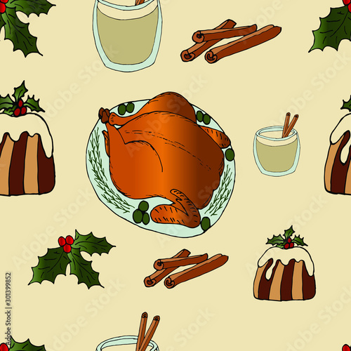 Christmas dishes, turkey, eggnog, cupcake. Traditional food. Vector illustration. Seamless pattern.