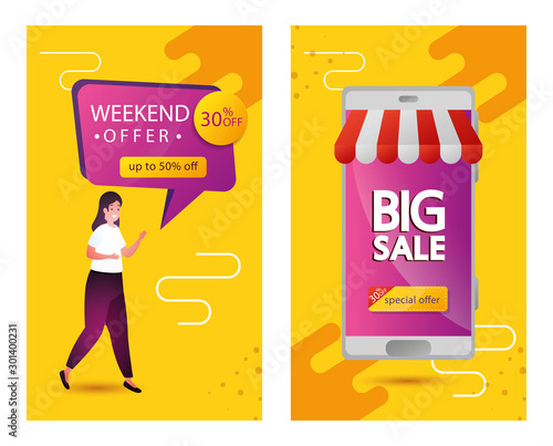 set of commercial labels weekend offer lettering vector illustration design