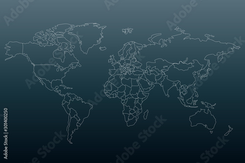 White outline world map. Flat template for banner  poster  web-site  report  infographic. Black gradient background.Globe similar worldmap silhouette. Travel concept. EPS10 illustration.