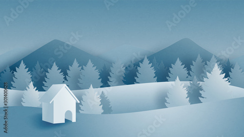Winter landscape with mountain, forest and cottage on snow filed in paper cut style. Vector illustration digital craft paper art.
