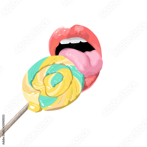 Sensual lips with a Lollipop. Woman licking round sugar candy on stick. print for T-shirt or tattoo. isolated on white background