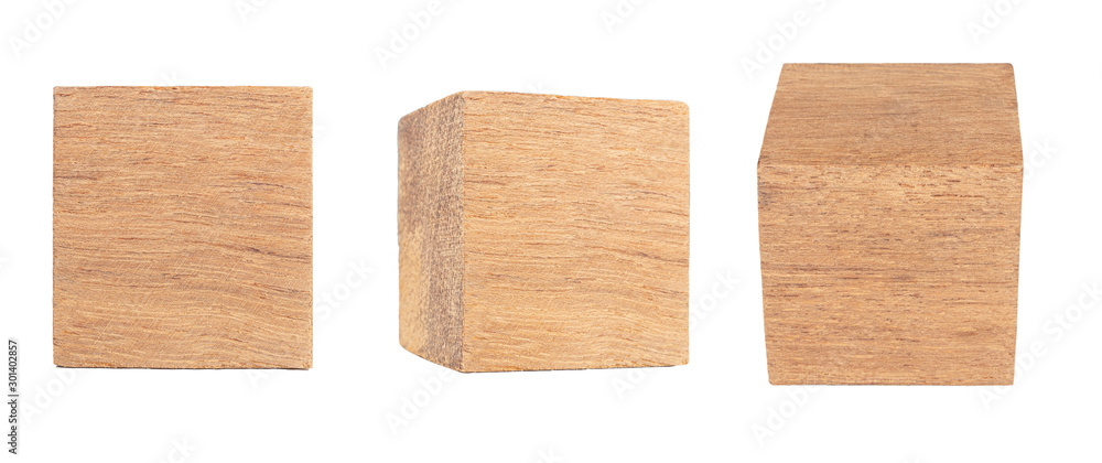  Wood cube Isolated on white background, Brown cubic wood, with Clipping path. - obrazy, fototapety, plakaty 