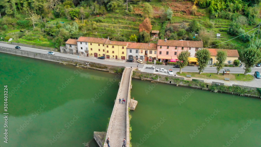 Devils Bridge aerial view in Lucca - Tuscany. Ponte della Maddalena from above
