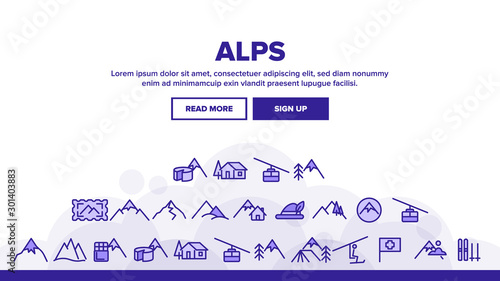 Collection Mountain Alps Sign Icons Set Vector Thin Line. Cable Way, Funicular And House On Alps Hills And Climbs Linear Pictograms. Nature Landscape Monochrome Contour Illustrations