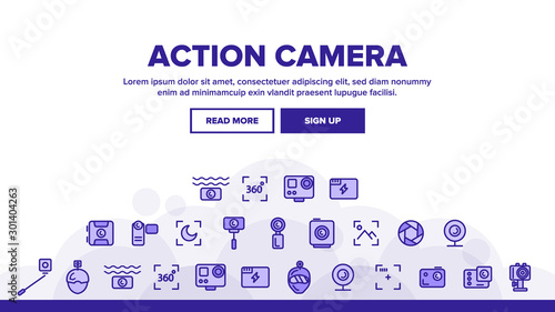 Collection Action Camera Sign Icons Set Vector Thin Line. Types Of Camera Linear Pictograms. Device Stick And Object Glass, Recording Mode And Watertight Housing Monochrome Contour Illustrations