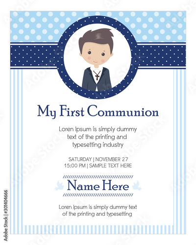 My first communion boy. Invitation design for a boy communion