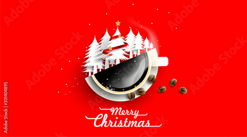Christmas tree in cup off coffee and beans on white background from above. Hot drink smell of christmas simple concept . Winter coffee shop advertisement background. -Vector
