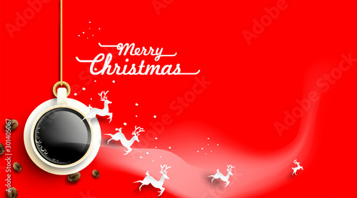 Cup of coffee with christmas deer as decorations and coffee beans on red background from above. Hot drink smell of christmas. simple concept. Winter coffee shop background. -Vector