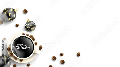 Cup of coffee with christmas balls decorations and coffee beans on white background from above. Hot drink smell of christmas. Winter coffee shop background. -Vector