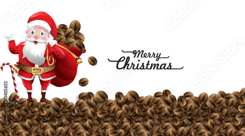 Happy funny santa claus holding bag full of coffee beans for christmas gift and present with waving and greeting. Winter holiday concept on white background. The smell of christmas. - Vector