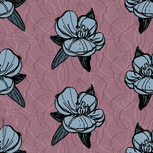 beautiful graphic hand drawn flowers seamless pattern   blooming bud and leaf repeatable tile for textile or wrapping paper   vector background