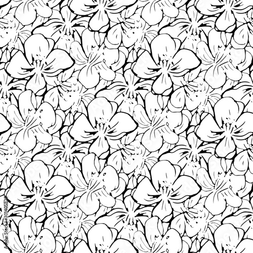 black and white flowers silhouette outline buds with leaves seamless pattern , repeatable vector texture tile square. scandinavian modern print © Vectorville
