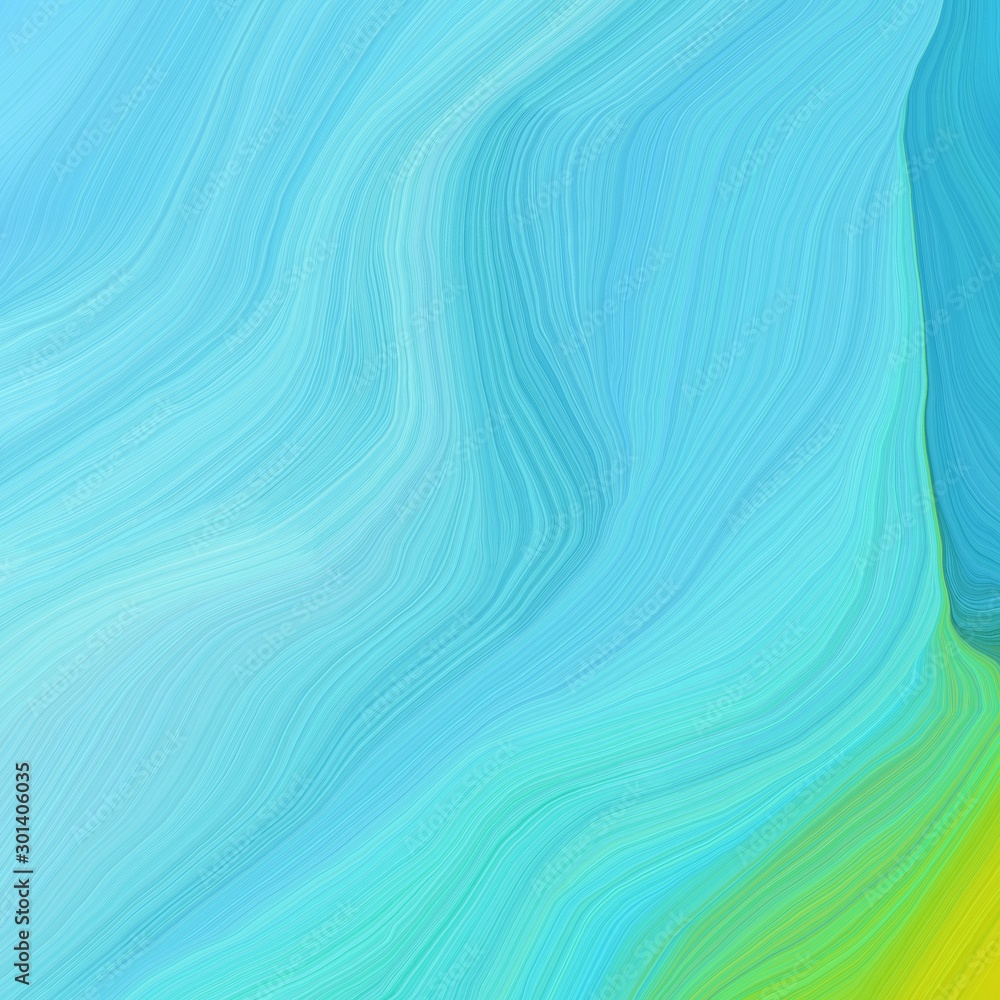 Fototapeta quadratic graphic illustration with sky blue, yellow green and baby blue colors. abstract fractal swirl motion waves. can be used as wallpaper, background graphic or texture