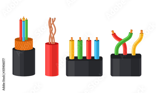 Different Types Of Wire Electrical Cables Vector Illustration Set