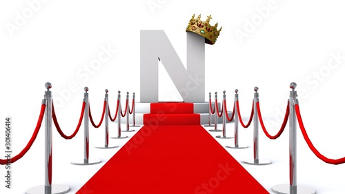  3D illustration of letter N wearing a crown on red carpet