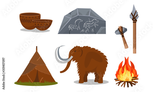 Attributes And Tools of Ancient Prehistoric People Vector Illustrations Isolated On White Background