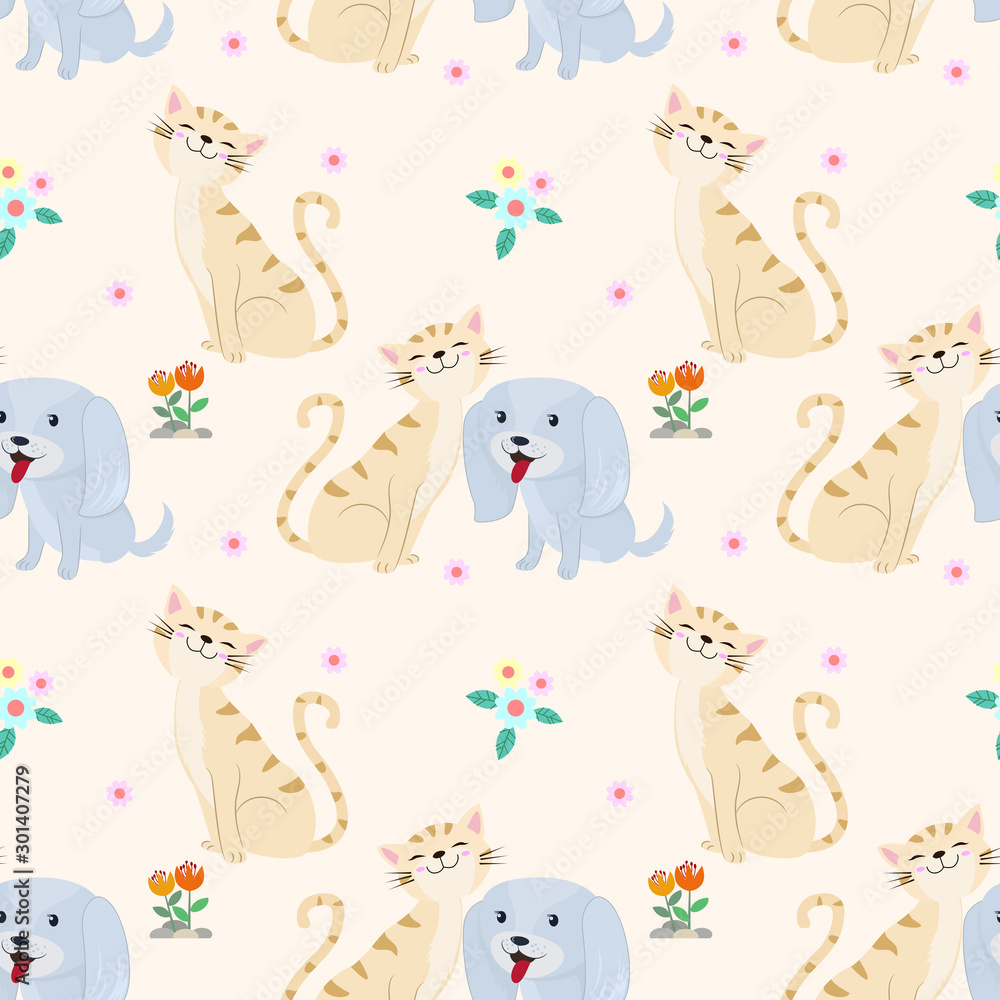 Seamless pattern with cute cat and dog fabric textile .