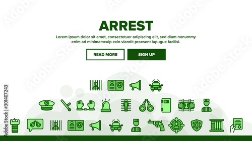 Collection Arrest Elements Sign Icons Set Vector Thin Line. Police Car  Alarm Siren And Hat  Gun And Badge  Prison And Handcuffs Arrest Equipment Linear Pictograms. Monochrome Contour Illustrations