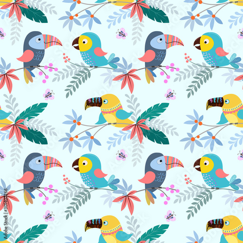 Cute colorful bird with tropical leaf seamless pattern fabric textile.