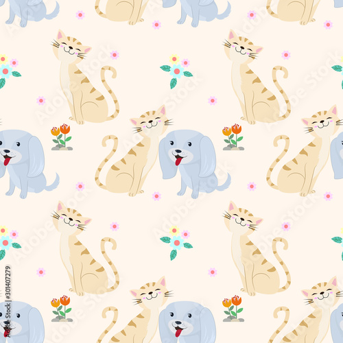 Seamless pattern with cute cat and dog fabric textile .