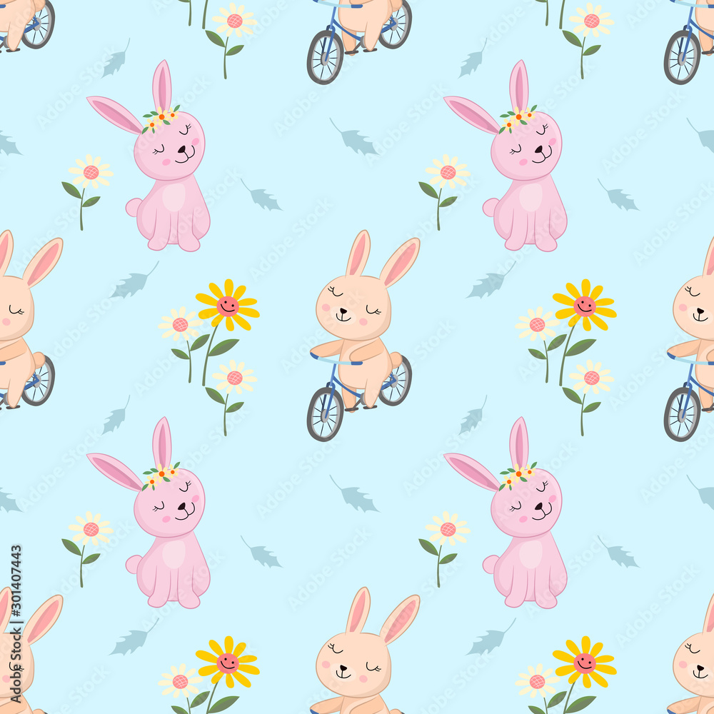 Cute cartoon bunny on bicycle seamless pattern. Cute cartoon bunny on bicycle seamless pattern.