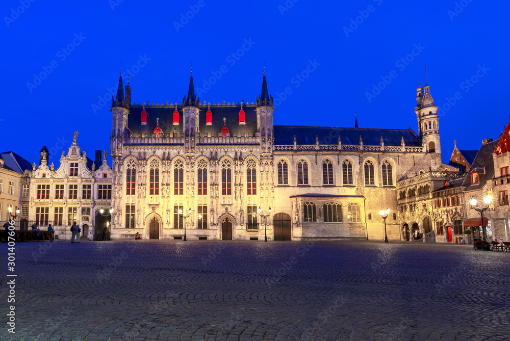 Bruges City hall at Burg square at night, Belgium