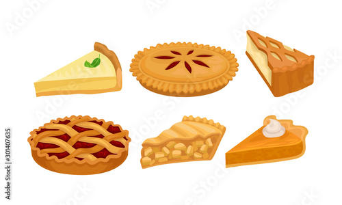 Homemade Cartoon Pies And Cakes With Fruits And Cream Vector Illustration Set Isolated On White Background photo