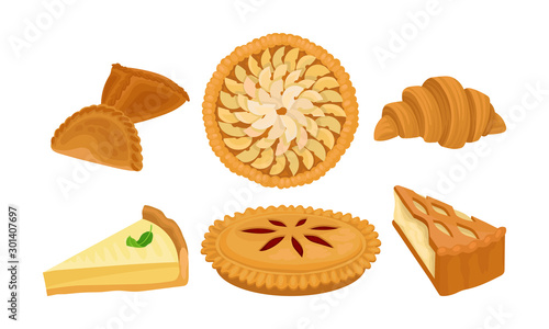 Homemade baking. Various Fruit Pies, Croissants, Cakes Vector Illustration Set Isolated On White Background